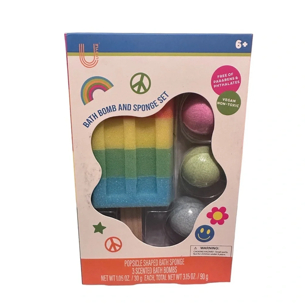 Bath Bomb and Sponge Set- Popsicle Shaped Sponge & 3 Scented Bombs NEW